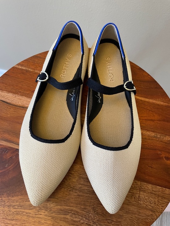 Rothy's Shoes - Rothy's Pointed Mary Jane Flats in Cream with Black Trim and Blue Heel sz 8